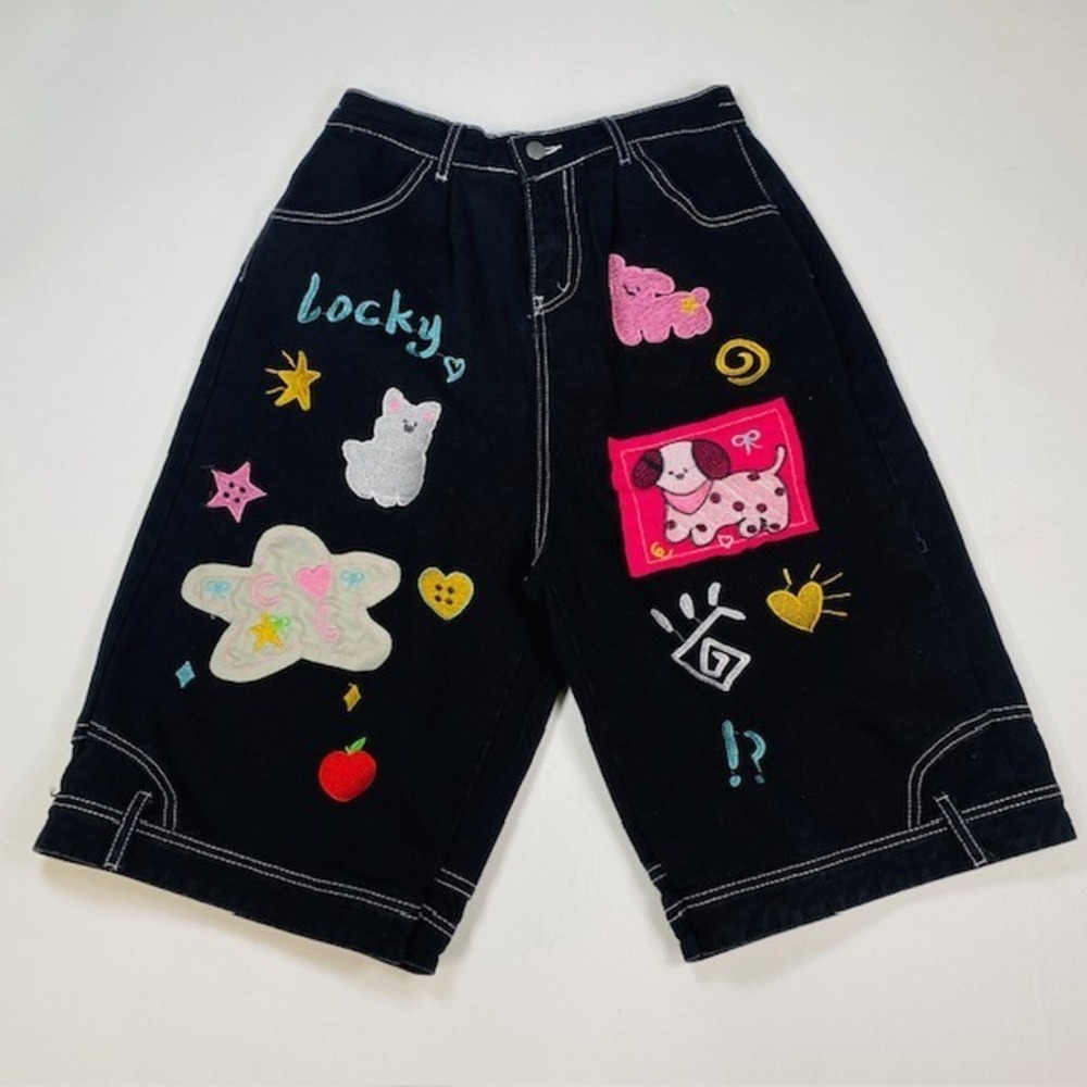 Fashion Jeans‎ Black Embroidered Graphic Denim Shorts Y2K Kawaii Streetwear L